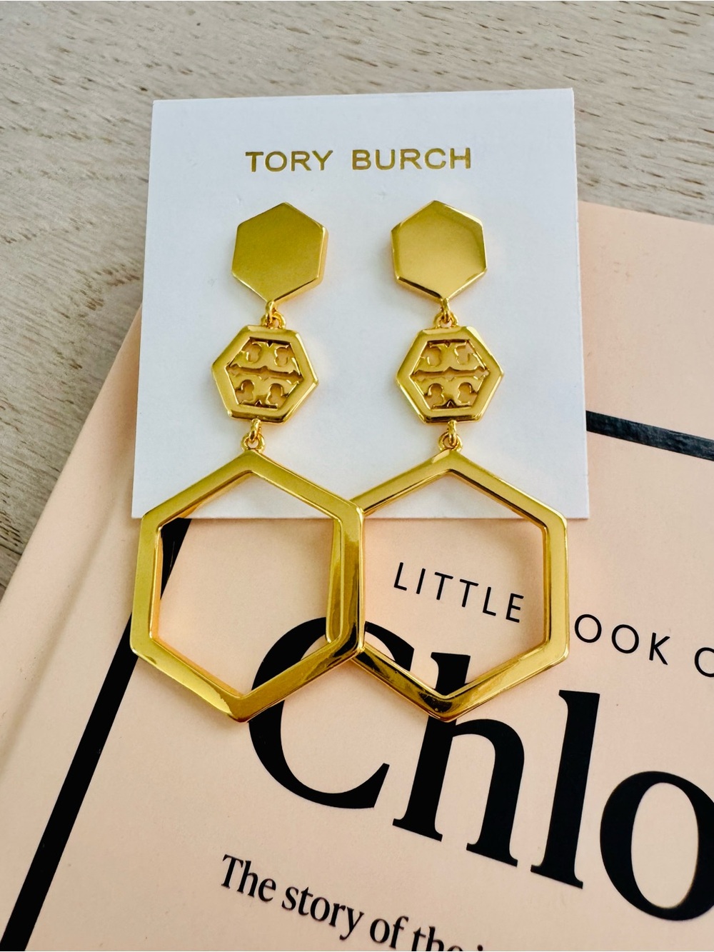 Tory Burch Luxury Shiny Gold Hexagon Drop Earrings (OS)
